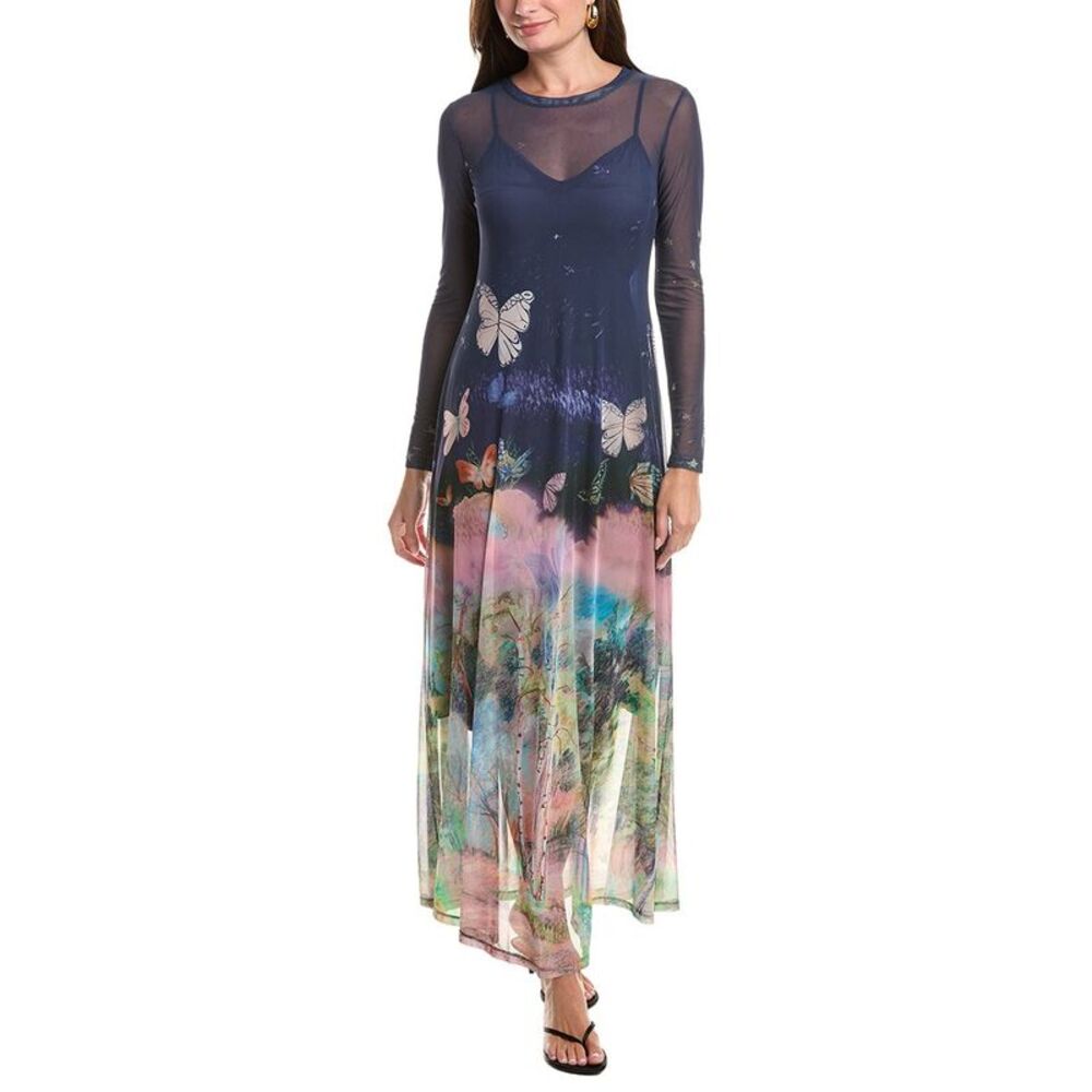 Johnny Was Womens Mesh Long Sleeve Maxi Dress, Blue